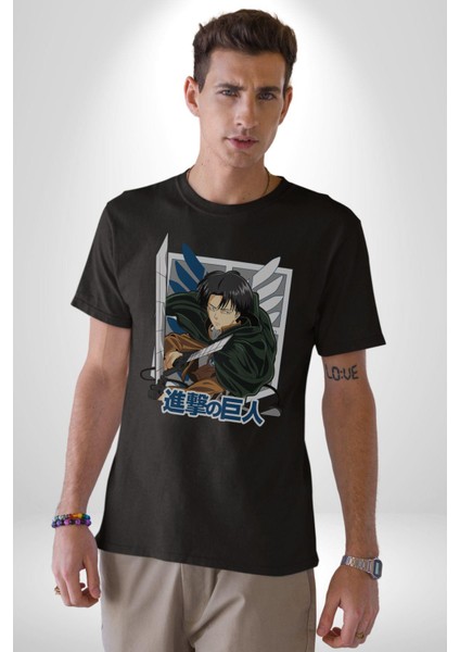 Anime Levi Ackerman Beyaz ve Siyah Kanatlar Kadın Erkek Unisex Siyah Organik Baskılı T-Shirt Penye Yüksek Kalite fiyatları