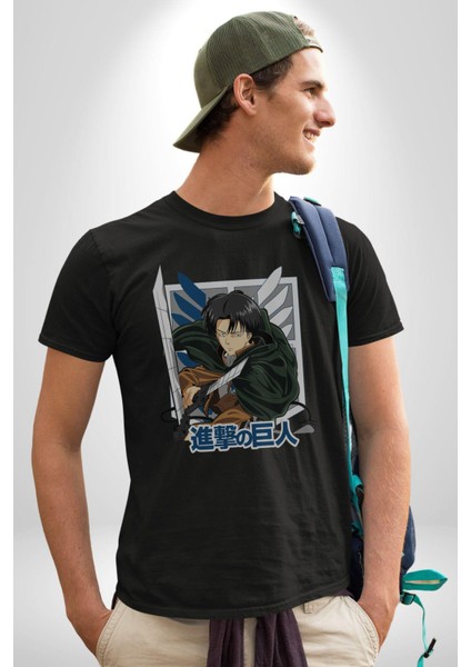 Anime Levi Ackerman Beyaz ve Siyah Kanatlar Kadın Erkek Unisex Siyah Organik Baskılı T-Shirt Penye Yüksek Kalite modelleri
