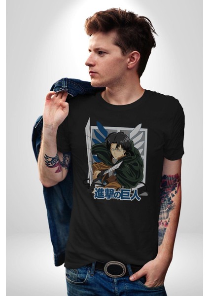 Anime Levi Ackerman Beyaz ve Siyah Kanatlar Kadın Erkek Unisex Siyah Organik Baskılı T-Shirt Penye Yüksek Kalite fırsatları