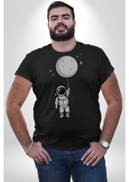 Astronot Ay Balon Kadın Erkek Unisex Siyah Organik Baskılı T-Shirt Penye Yüksek Kalite