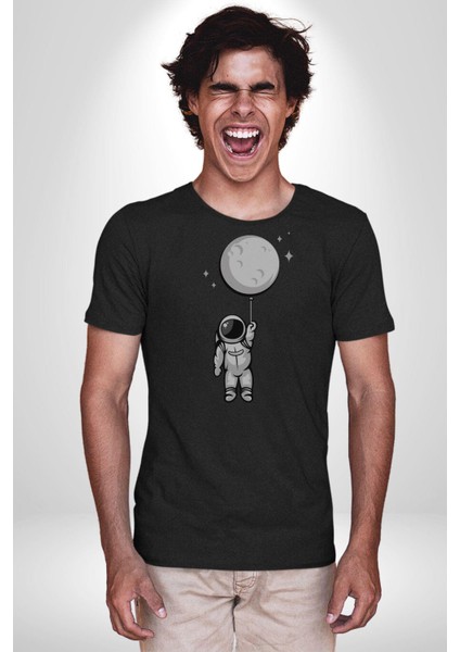 Astronot Ay Balon Kadın Erkek Unisex Siyah Organik Baskılı T-Shirt Penye Yüksek Kalite fiyatları