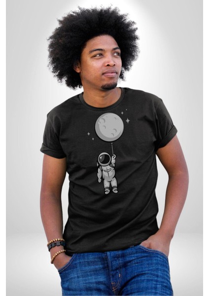 Astronot Ay Balon Kadın Erkek Unisex Siyah Organik Baskılı T-Shirt Penye Yüksek Kalite fırsatları