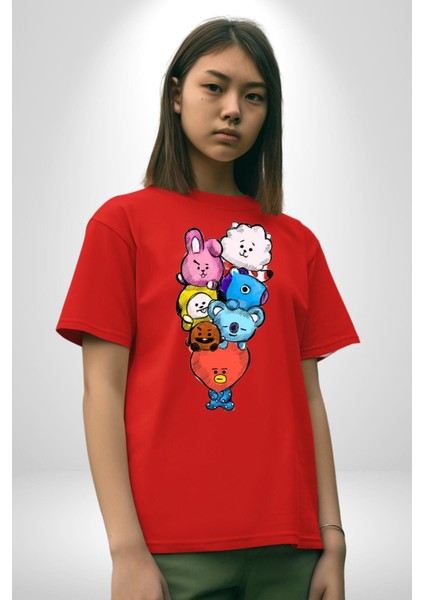 Kpop Bts BT21 Pamuklu Bisiklet Yaka Kadın Erkek Oversize Boyfriend Dijital Baskılı Kırmızı T-Shirt