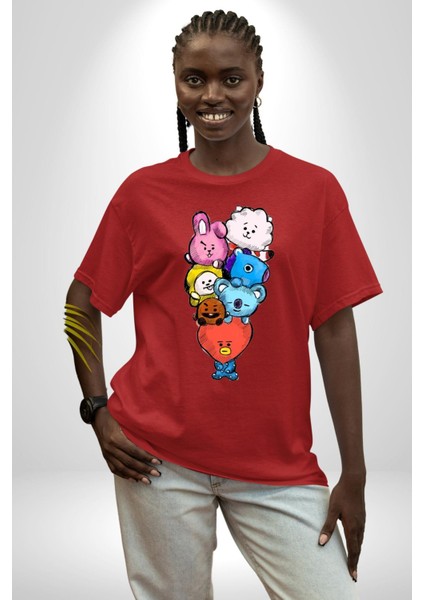 Kpop Bts BT21 Pamuklu Bisiklet Yaka Kadın Erkek Oversize Boyfriend Dijital Baskılı Kırmızı T-Shirt