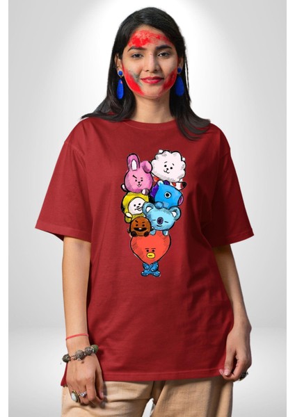 Kpop Bts BT21 Pamuklu Bisiklet Yaka Kadın Erkek Oversize Boyfriend Dijital Baskılı Kırmızı T-Shirt