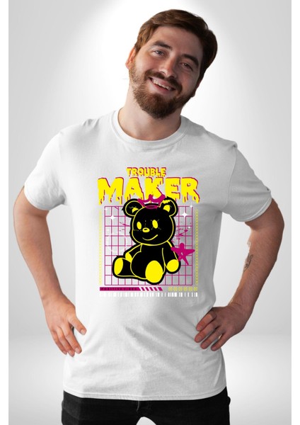 Baş Belası Teddy Kadın Erkek Unisex Beyaz Organik Baskılı T-Shirt Penye Yüksek Kalite modelleri