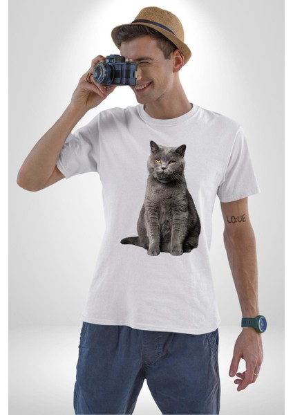 British Shorthair Kedi Kadın Erkek Unisex Beyaz Organik Baskılı T-Shirt Penye Yüksek Kalite