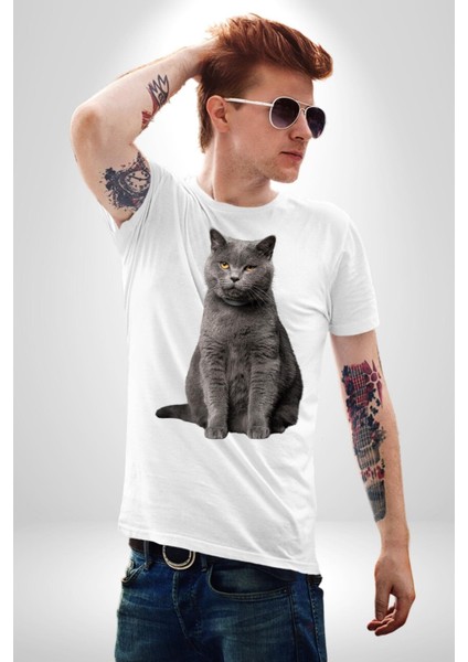British Shorthair Kedi Kadın Erkek Unisex Beyaz Organik Baskılı T-Shirt Penye Yüksek Kalite fiyatları