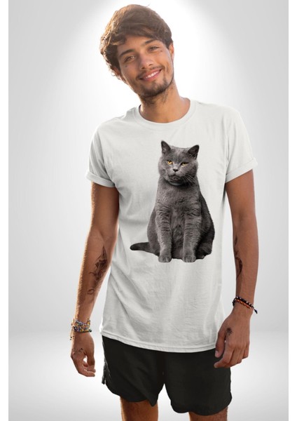 British Shorthair Kedi Kadın Erkek Unisex Beyaz Organik Baskılı T-Shirt Penye Yüksek Kalite modelleri