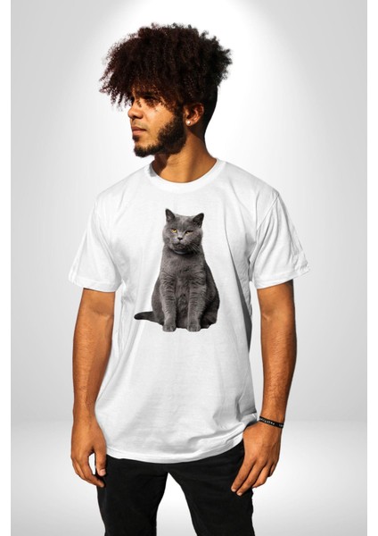 British Shorthair Kedi Kadın Erkek Unisex Beyaz Organik Baskılı T-Shirt Penye Yüksek Kalite fırsatları