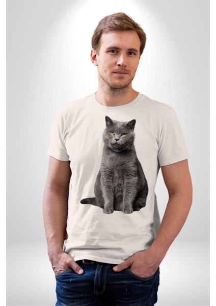 British Shorthair Kedi Kadın Erkek Unisex Beyaz Organik Baskılı T-Shirt Penye Yüksek Kalite indirimleri