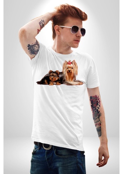 Yorkshire Teacup ve Anne Köpek Kadın Erkek Unisex Beyaz Organik Baskılı T-Shirt Penye Yüksek Kalite