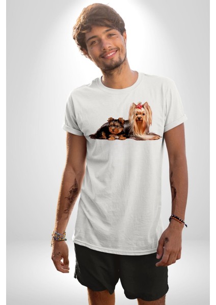 Yorkshire Teacup ve Anne Köpek Kadın Erkek Unisex Beyaz Organik Baskılı T-Shirt Penye Yüksek Kalite fiyatları