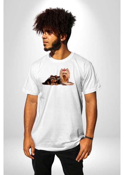 Yorkshire Teacup ve Anne Köpek Kadın Erkek Unisex Beyaz Organik Baskılı T-Shirt Penye Yüksek Kalite modelleri