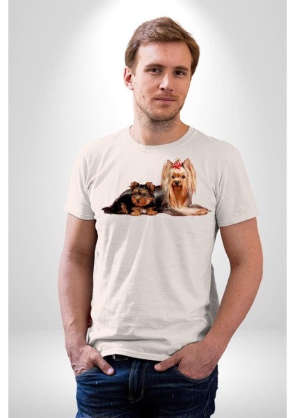 Yorkshire Teacup ve Anne Köpek Kadın Erkek Unisex Beyaz Organik Baskılı T-Shirt Penye Yüksek Kalite fırsatları