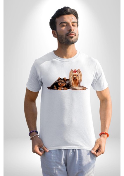 Yorkshire Teacup ve Anne Köpek Kadın Erkek Unisex Beyaz Organik Baskılı T-Shirt Penye Yüksek Kalite indirimleri