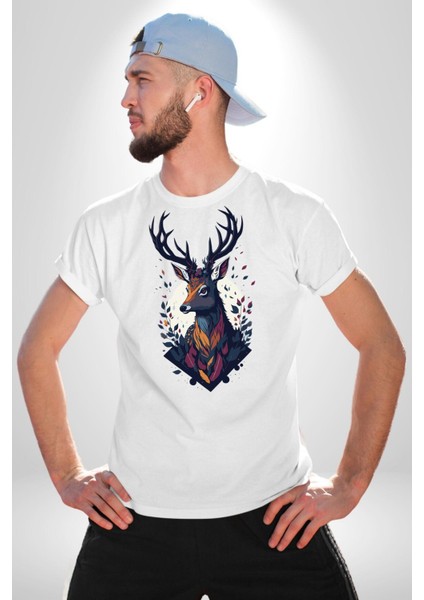 Geyik Kafası Yapraklar Kadın Erkek Unisex Beyaz Organik Baskılı T-Shirt Penye Yüksek Kalite