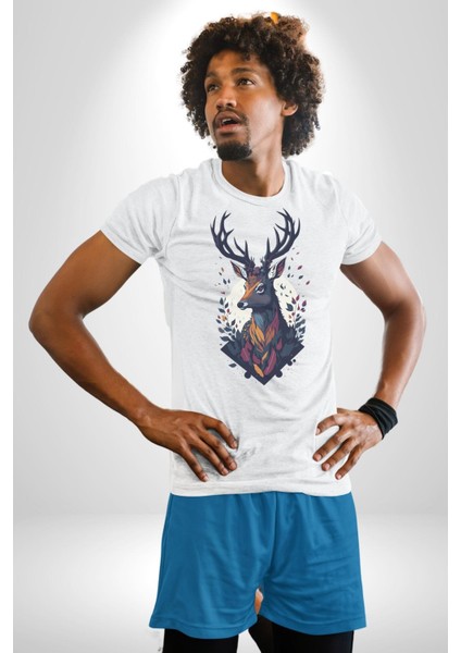 Geyik Kafası Yapraklar Kadın Erkek Unisex Beyaz Organik Baskılı T-Shirt Penye Yüksek Kalite fiyatları