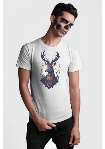 Geyik Kafası Yapraklar Kadın Erkek Unisex Beyaz Organik Baskılı T-Shirt Penye Yüksek Kalite modelleri