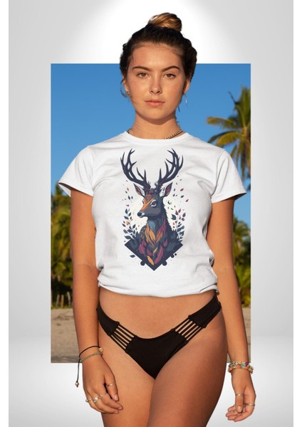 Geyik Kafası Yapraklar Kadın Erkek Unisex Beyaz Organik Baskılı T-Shirt Penye Yüksek Kalite fırsatları