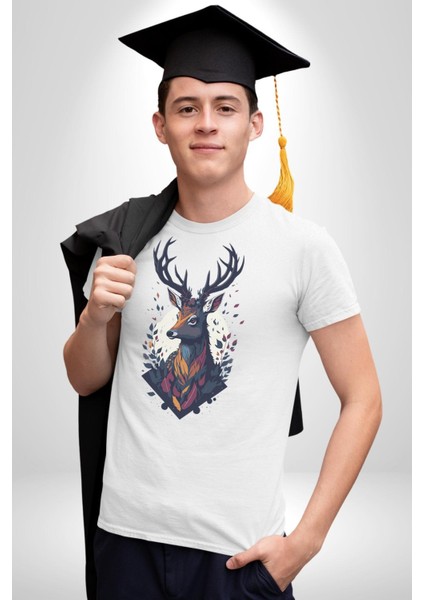 Geyik Kafası Yapraklar Kadın Erkek Unisex Beyaz Organik Baskılı T-Shirt Penye Yüksek Kalite indirimleri