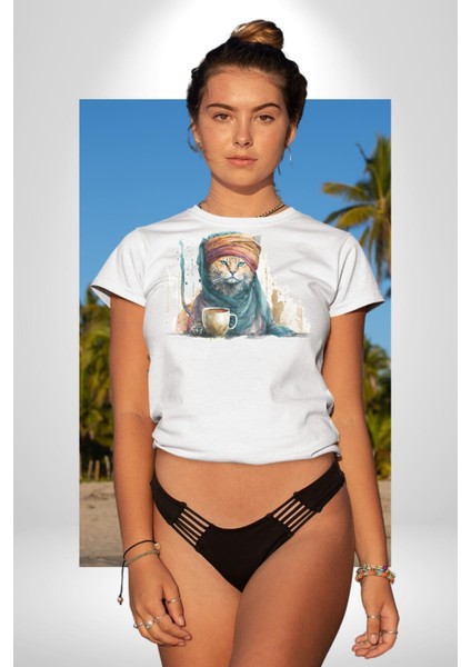 Türk Kahvesi Kedi Kadın Erkek Unisex Beyaz Organik Baskılı T-Shirt Penye Yüksek Kalite