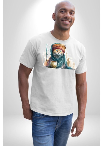 Türk Kahvesi Kedi Kadın Erkek Unisex Beyaz Organik Baskılı T-Shirt Penye Yüksek Kalite modelleri