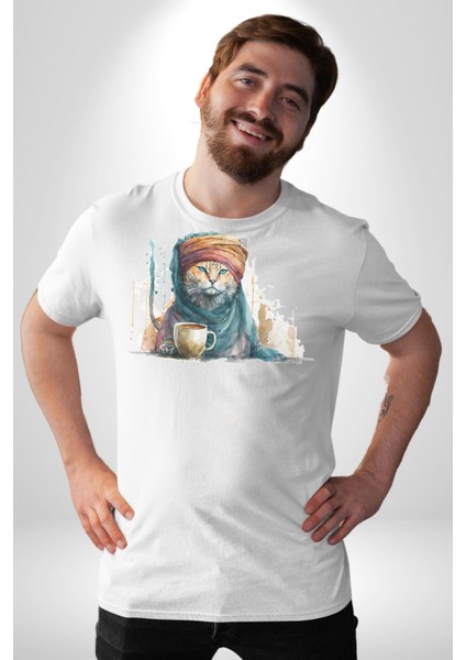 Türk Kahvesi Kedi Kadın Erkek Unisex Beyaz Organik Baskılı T-Shirt Penye Yüksek Kalite indirimleri