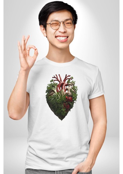 Doğanın Kalbi Yeşillikler Kalp Kadın Erkek Unisex Beyaz Organik Baskılı T-Shirt Penye Yüksek Kalite