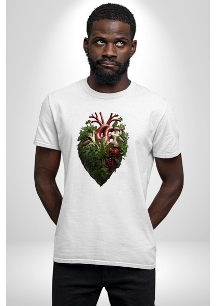 Doğanın Kalbi Yeşillikler Kalp Kadın Erkek Unisex Beyaz Organik Baskılı T-Shirt Penye Yüksek Kalite fiyatları