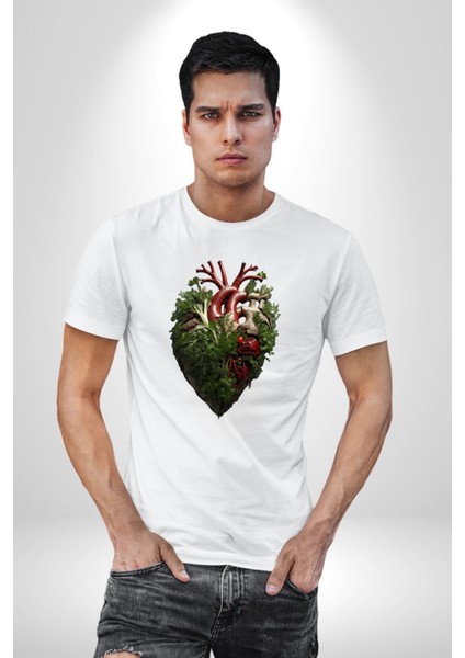 Doğanın Kalbi Yeşillikler Kalp Kadın Erkek Unisex Beyaz Organik Baskılı T-Shirt Penye Yüksek Kalite modelleri