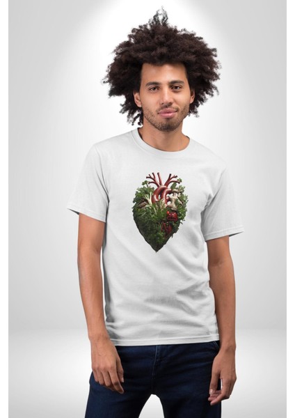 Doğanın Kalbi Yeşillikler Kalp Kadın Erkek Unisex Beyaz Organik Baskılı T-Shirt Penye Yüksek Kalite indirimleri
