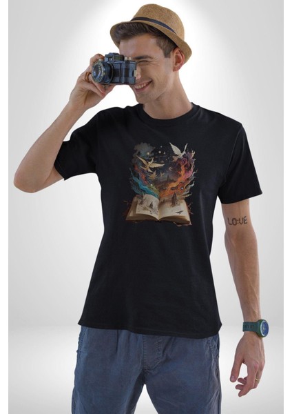 Hikaye Roman Kitabı Gerçekleşti Kadın Erkek Unisex Siyah Organik Baskılı T-Shirt Penye Yüksek Kalite