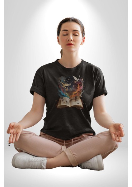 Hikaye Roman Kitabı Gerçekleşti Kadın Erkek Unisex Siyah Organik Baskılı T-Shirt Penye Yüksek Kalite fiyatları