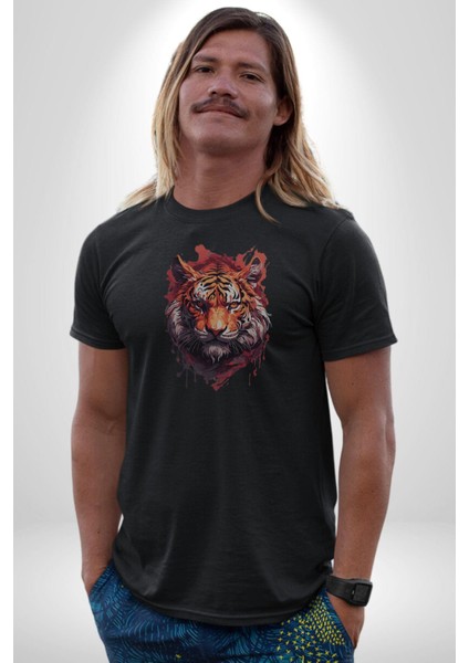 Kaplan Kafası Kadın Erkek Unisex Siyah Organik Baskılı T-Shirt Penye Yüksek Kalite fırsatları