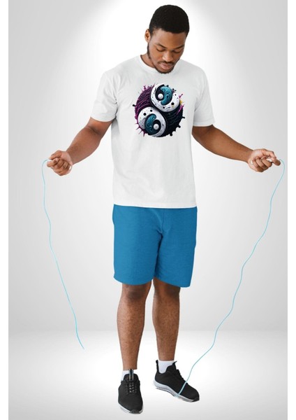 Renkli Yin Ile Yang Kuramı Kadın Erkek Unisex Beyaz Organik Baskılı T-Shirt Penye Yüksek Kalite fiyatları