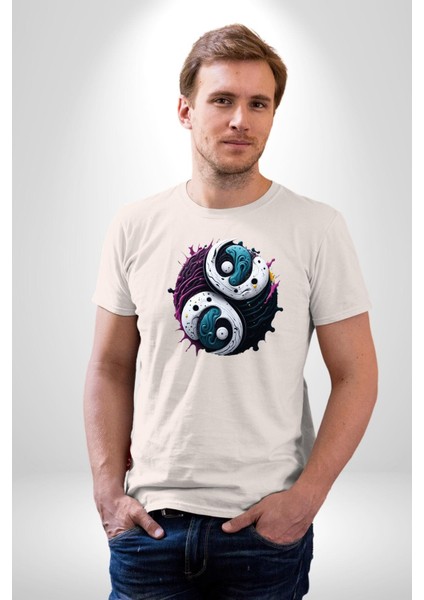 Renkli Yin Ile Yang Kuramı Kadın Erkek Unisex Beyaz Organik Baskılı T-Shirt Penye Yüksek Kalite fırsatları