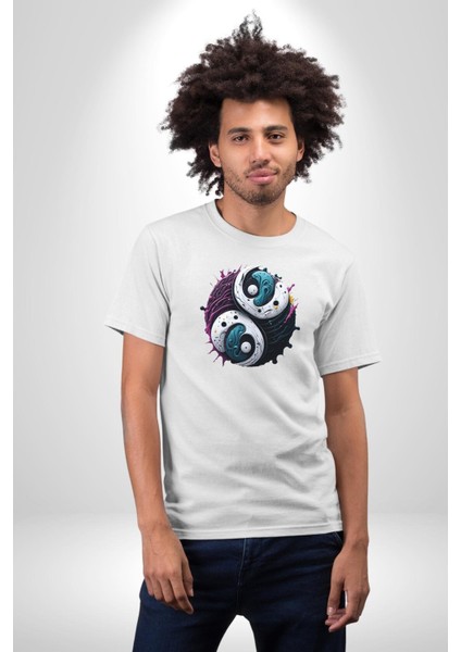 Renkli Yin Ile Yang Kuramı Kadın Erkek Unisex Beyaz Organik Baskılı T-Shirt Penye Yüksek Kalite indirimleri
