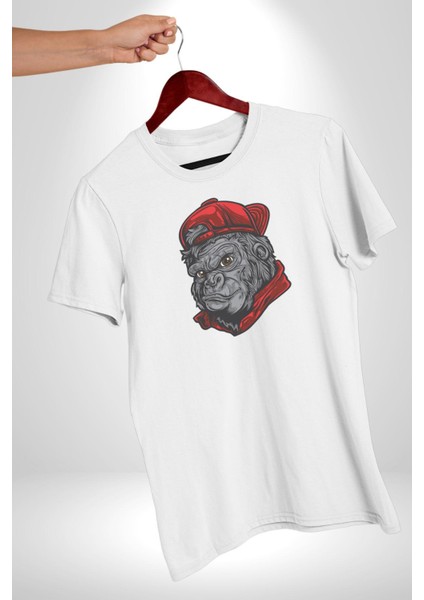 Kırmızı Şapka Maymun Kadın Erkek Unisex Beyaz Organik Baskılı T-Shirt Penye Yüksek Kalite
