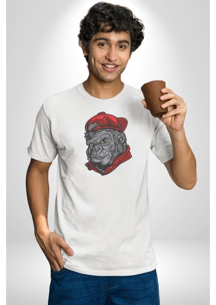 Kırmızı Şapka Maymun Kadın Erkek Unisex Beyaz Organik Baskılı T-Shirt Penye Yüksek Kalite