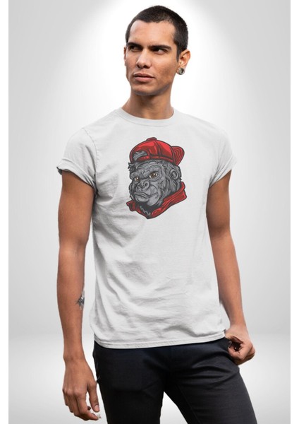 Kırmızı Şapka Maymun Kadın Erkek Unisex Beyaz Organik Baskılı T-Shirt Penye Yüksek Kalite