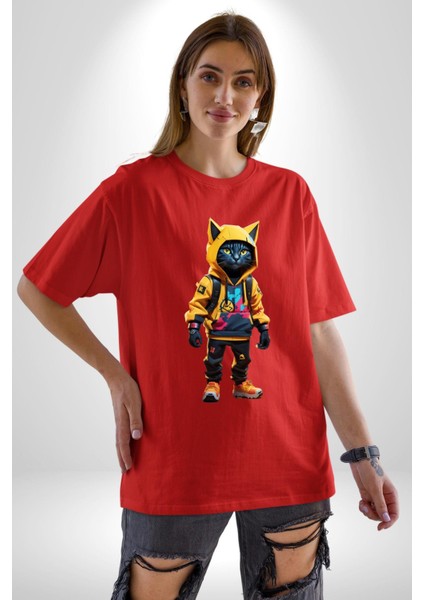 Spor Eşofman Takımı Sarı Kedi Insan Pamuklu Bisiklet Yaka Kadın Erkek Oversize Boyfriend Dijital Baskılı Kırmızı T-Shirt fiyatları