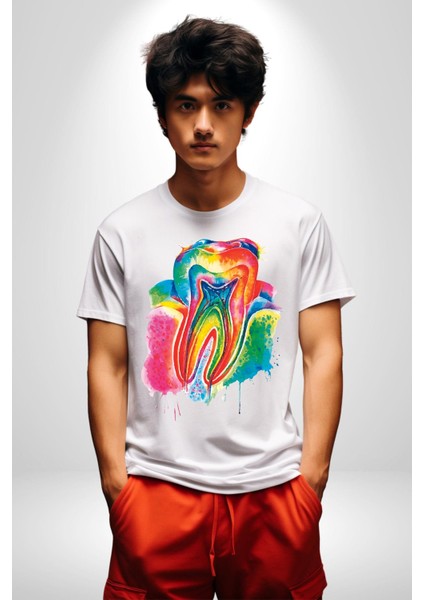 Diş Doktoru Diş Anatomisi Özel Tasarım Kadın Erkek Unisex Beyaz Organik Baskılı T-Shirt Penye Yüksek Kalite
