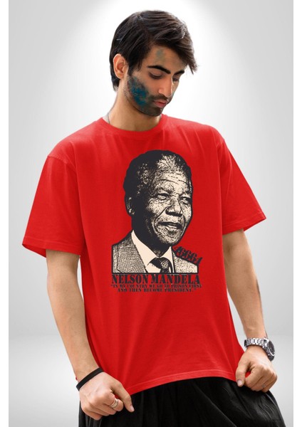 Nelson Mandela Pamuklu Bisiklet Yaka Kadın Erkek Oversize Boyfriend Dijital Baskılı Kırmızı T-Shirt