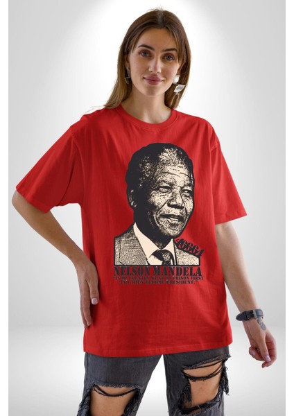 Nelson Mandela Pamuklu Bisiklet Yaka Kadın Erkek Oversize Boyfriend Dijital Baskılı Kırmızı T-Shirt fırsatları