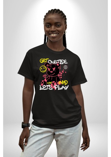 Dışarı Çık ve Oynayalım Teddy Pamuklu Bisiklet Yaka Kadın Erkek Oversize Boyfriend Dijital Baskılı Siyah T-Shirt