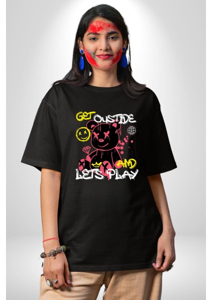 Dışarı Çık ve Oynayalım Teddy Pamuklu Bisiklet Yaka Kadın Erkek Oversize Boyfriend Dijital Baskılı Siyah T-Shirt modelleri