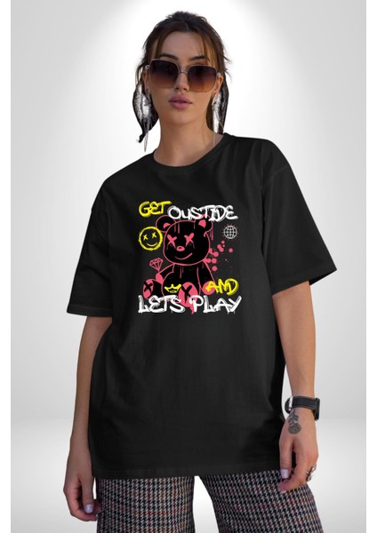Dışarı Çık ve Oynayalım Teddy Pamuklu Bisiklet Yaka Kadın Erkek Oversize Boyfriend Dijital Baskılı Siyah T-Shirt fırsatları