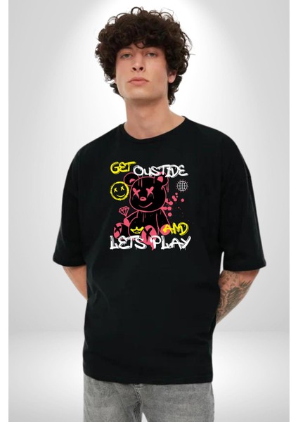 Dışarı Çık ve Oynayalım Teddy Pamuklu Bisiklet Yaka Kadın Erkek Oversize Boyfriend Dijital Baskılı Siyah T-Shirt indirimleri
