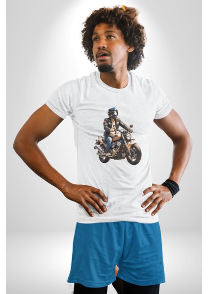 Kask Motorsiklet Dünya Turu Kadın Erkek Unisex Beyaz Organik Baskılı T-Shirt Penye Yüksek Kalite